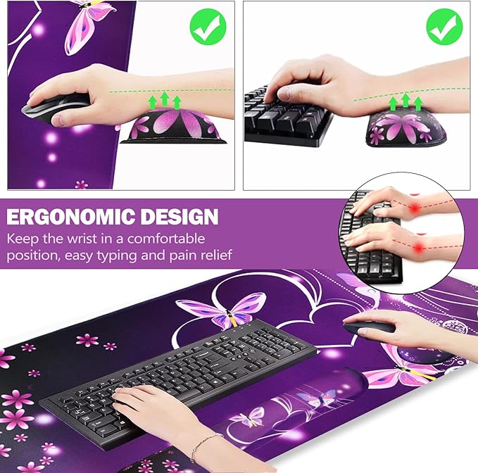 ARTSO Large Gaming Mouse Pad Keyboard Wrist Rest Pad &amp Wrist Support Mousepad Set Stitched Edge Extended Non-Slip Base Memory Foam Desk Mat for Office Home Purple Heart Butterfly