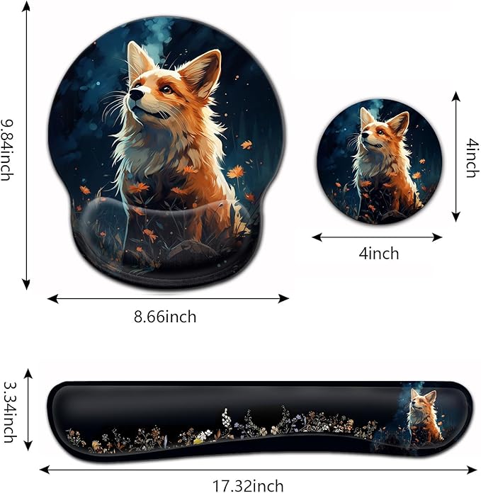 Ergonomic Gaming Mouse Pad Wrist Support and Memory Foam Keyboard Wrist Rest with Anti-Slip Base for Home Office Computer Desk Pad Gel Black Mouse Pad Easy Typing Cute Red Fox Animal Desk Mat