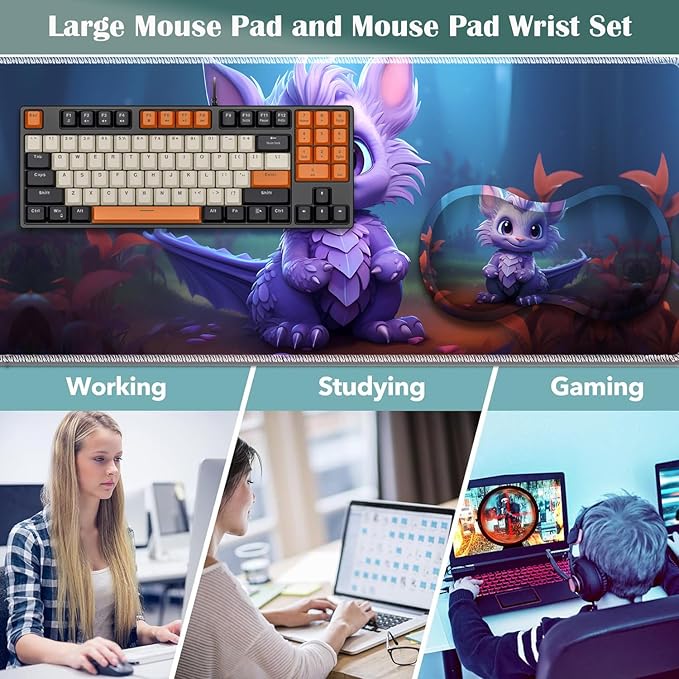 Large Game Mouse Pad + Wrist Support Pad + Coffee Coaster Desk Pad with Sewn Edges Anti-Slip Set pad Suitable for Office Work and Home - Purple Dragon