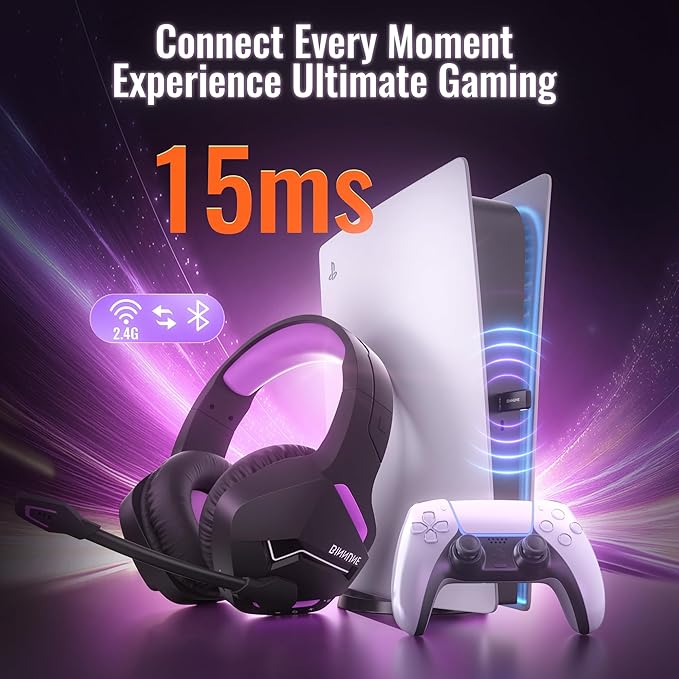 BINNUNE 2.4GHz Wireless Gaming Headset Bluetooth 5.3 Gaming Headphones with Noise Canceling Mic 120H Ultra-Long Battery 50mm Drivers Multi-Platform for PC / PS5 /PS4/ Switch/Mobile Purple