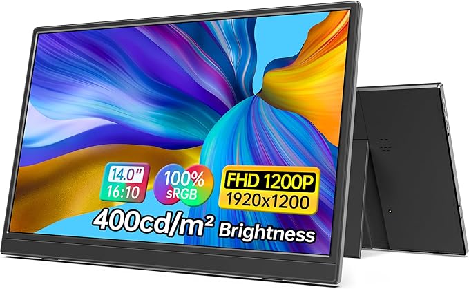 14 Inch Portable Monitor FHD1200P Ultra-Slim for Laptop Monitor USB-C&ampHDMI Plug&ampPlay100% SRGBDual Speakers Extender Display. Built-in Standfor LaptopPC Phone Xbox PS4/5