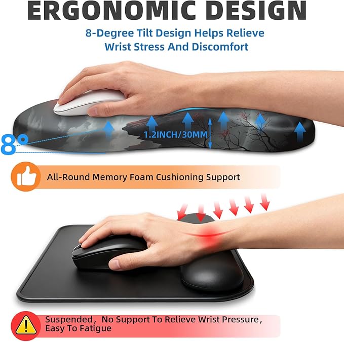 Ergonomic Mouse Pad Wrist Rest Carpal Tunnel Pain Relief Wrist Support Mousepad with Massage Bulge Memory Foam (Red Moon 11.8x7.9 in)