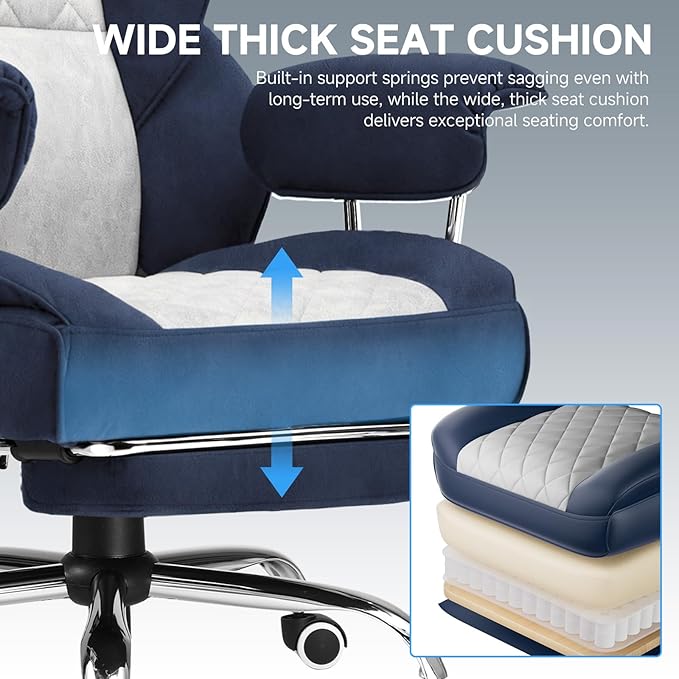 GTPLAYER Gaming ChairOffice Chair with Pocket Spring Lumbar Support Ergonomic Comfortable Wide Office Desk Computer Chair with Outward Fixed Soft Armrests and Footrest (Fabric Dark Blue &amp White