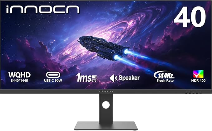 INNOCN 40 WQHD 3440 x 1440P 144Hz Ultrawide Monitor Gaming FreeSync HDR400 21:9 PC Computer IPS Screen Split PIP/PBP for Editing/Gaming USB C 90W HDMI DP Black