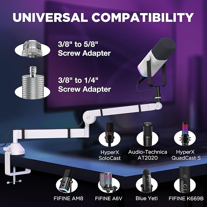 InnoGear Low Profile Mic Arm 360° Rotatable Microphone Boom Arm Mic Stand for Fifine AM8 K669B Blue Yeti HyperX QuadCast SoloCast AT2020 with Mic Clip 3/8 to 5/8 3/8 to 1/4 Adapter White