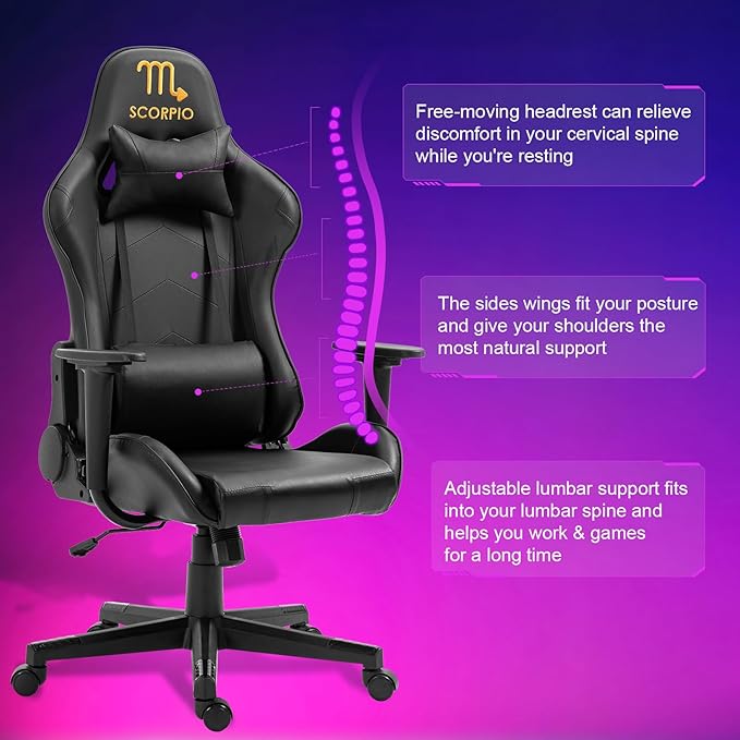 DIKEP Gaming Chair with Headrest and Lumbar Support Height Adjustable Swivel Office Chair High-Back Recliner Black