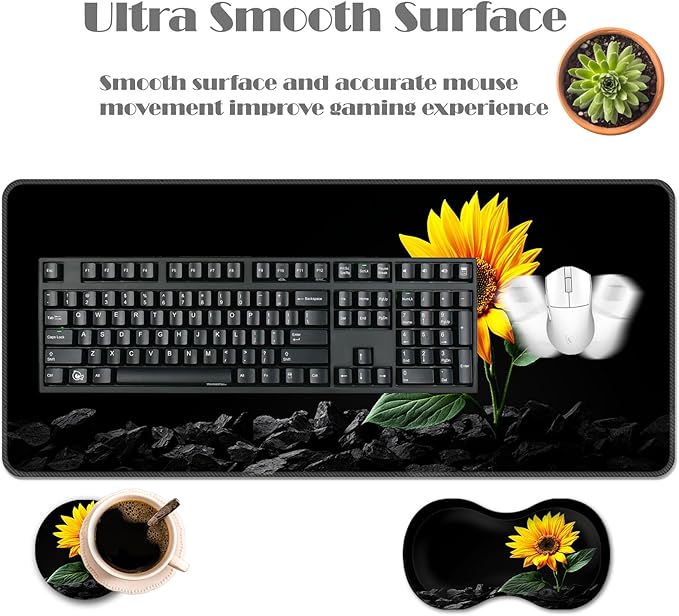 Ergonomic Keyboard Wrist Rest &amp Mouse Pad Wrist Rest SetXL Gaming Desk Mat 31.5x 11.8Non-Slip BaseMemory FoamEasy Typing Pain Relief for Office &amp HomeSunflower