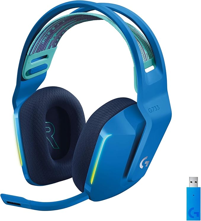 Logitech G733 Lightspeed Wireless Gaming Headset with Suspension Headband LIGHTSYNC RGB Blue VO!CE mic Technology and PRO-G Audio Drivers - Blue