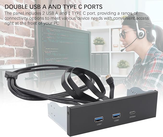 5.25 Inch Front Panel USB Hub Internal USB Hub with 5Gbps USB A and 20Gbps Type C Header 19 Pin Optical Drive Extension Panel for PC Case Desktop Expansion