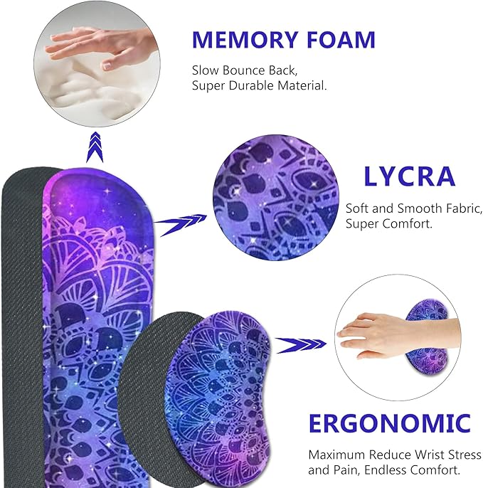 AIMSA Keyboard Mouse Pad Set Large Gaming Mouse Pad +Wrist Rest Mouse Pad +Keyboard Wrist Support +Coaster 35x15.7 inch Extended Desk Mat for Easy Typing Pain Relief (Blue Purple Mandala)