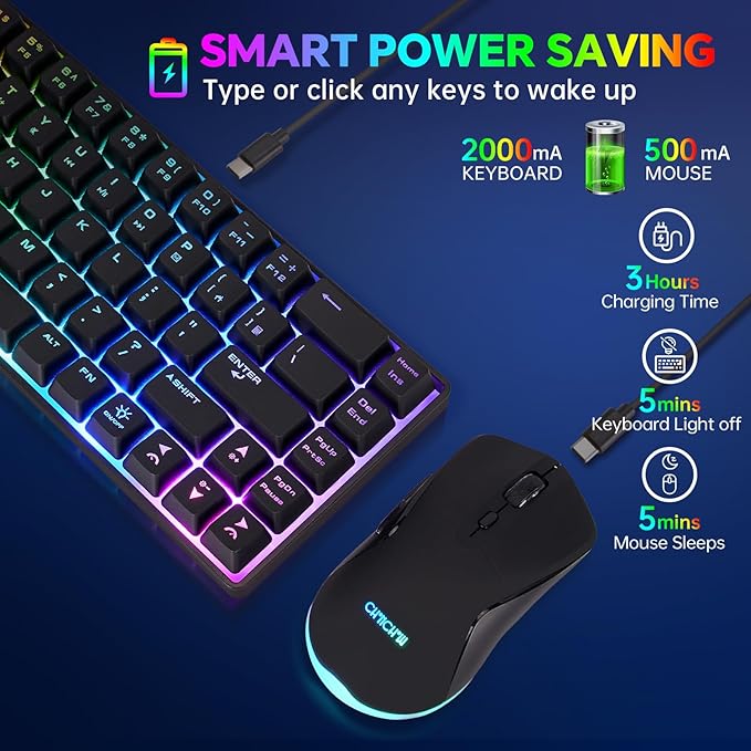 CHONCHOW 60% Wireless Gaming Keyboard and Mouse ComboLED Backlit Rechargeable 2000mAh Battery Portable 68 Keys Waterproof Small Compact Keyboard Mice for PC/Mac Gamer(Wireless)