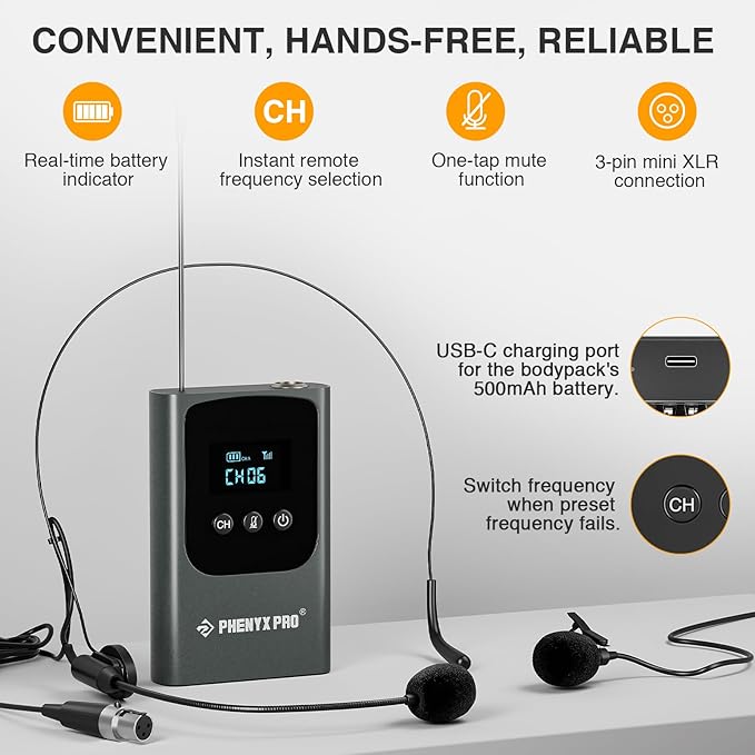 Phenyx Pro Dual Digital Wireless Microphone System w/Handheld Dynamic Microphone Bodypack Transmitter Mini Receiver 2x15 UHF Frequencies Headset/Lapel Mic for Singing (PDP-2-1H1B)