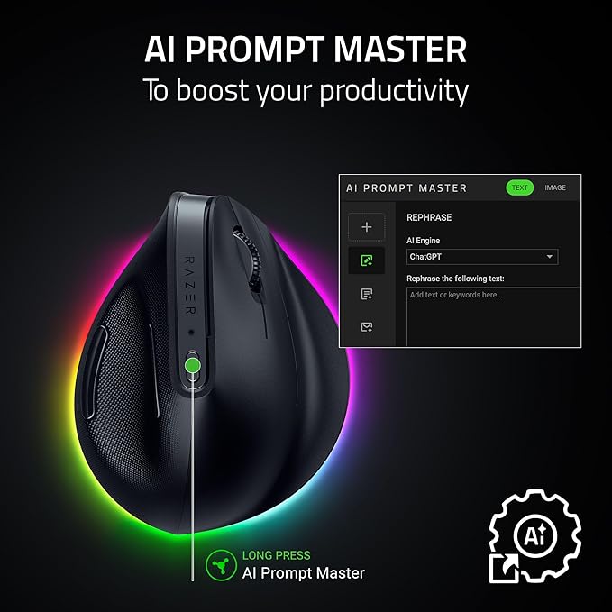 Razer Pro Click V2 Vertical Wireless Mouse: 6 Button Ergonomic Design - One Click AI Prompt - Supports Windows &amp Mac - Multi Device Connectivity via 2.4GHz Bluetooth or USB C Wired Mode - Chroma