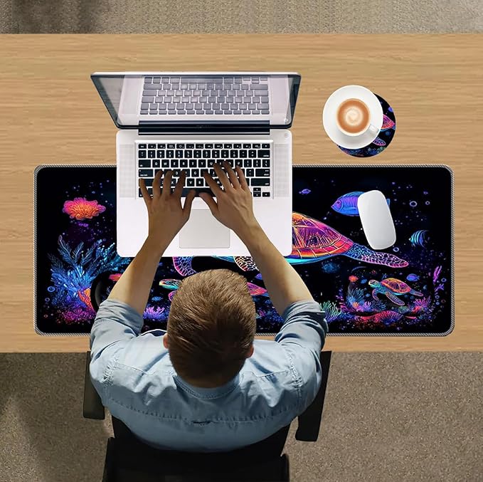 Large Mouse Pad Wrist Support SetDesk Pad+Keyboard Wrist Rest+Mouse Pad Wrist Support+Coaster4in1 XXL Big MousepadErgonomic Design Gaming Mat for Home Office TableSea Turtle