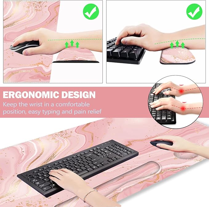 ARTSO Extended Gaming Mouse Pad Set Keyboard Wrist Rest Support Pad + Wrist Cushion + XXL Large Mouse Pad + Coaster Stitched Edge Non-Slip Memory Foam Desk Mat Pink Gold Marble