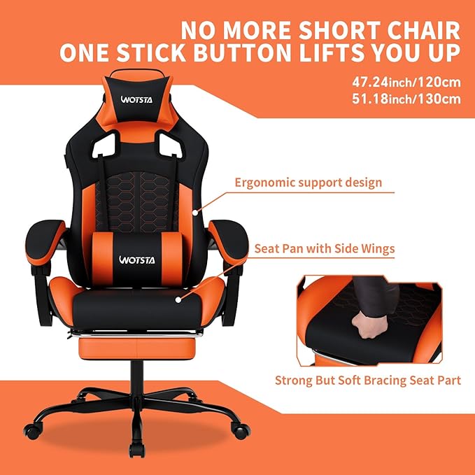 Gaming Chair with MassageErgonomic PC Gaming Chair with Footrest Comfortable Headrest and Lumbar SupportHigh Back Game Chair PVC Leather300LBS (Black&ampOrange)