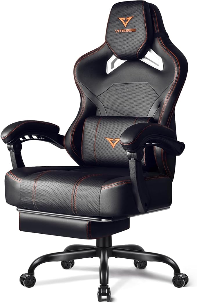 VITESSE Big and Tall Gaming Chair 400lb Weight Capacity with Footrest Ergonomic Video Game Chair for Adults with Oversized Headrest and Lumbar Pillow Computer Chair Gaming for Office (Black+Orange)