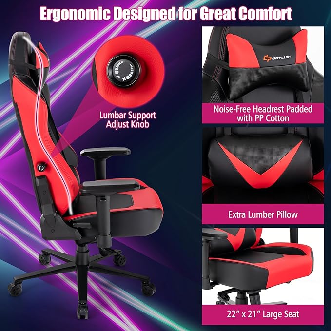 Goplus Gaming Chair 360° Swivel Computer Chair with Casters Multi-Angle Reclining Tension Control 4D Armrest Headrest Gas Lift Height Adjustable Game Chair for Office Bedroom Red