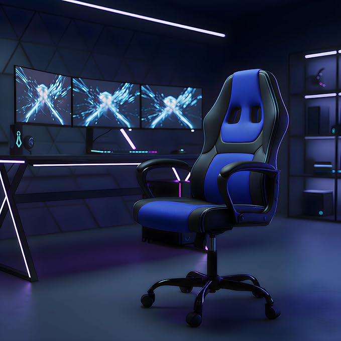 Office Chair Ergonomic Gaming Chair High Back Computer Desk Chair with Lumbar Support Adjustable PU Leather Gamer Chair Comfortable Racing Style for Adults Teens Kids (Classic Version Blue)