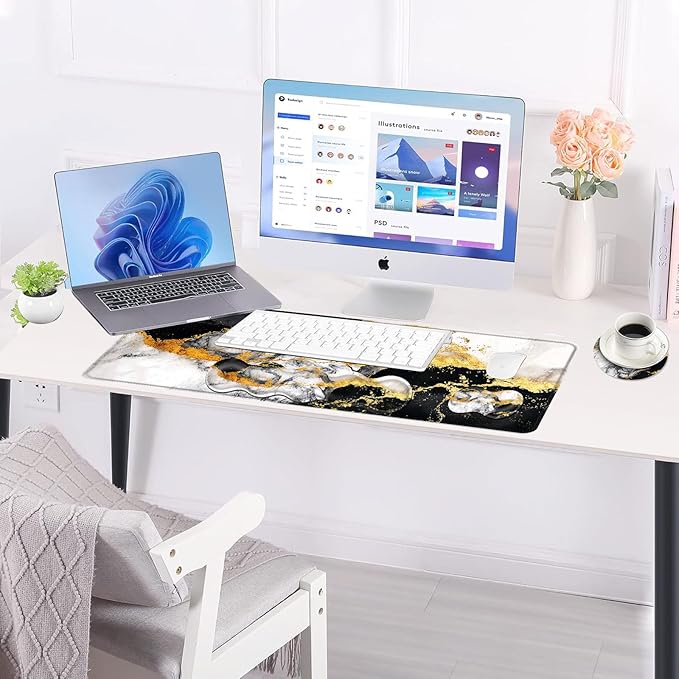 Large Keyboard Mouse Pad Set Extended Mouse Pad+Keyboard Wrist Rest Support Memory Foam Ergonomic Easy Typing 4Pcs (31.5×11.8 in) Desk Pad Set for Office HomeBlack and White Gold Marble