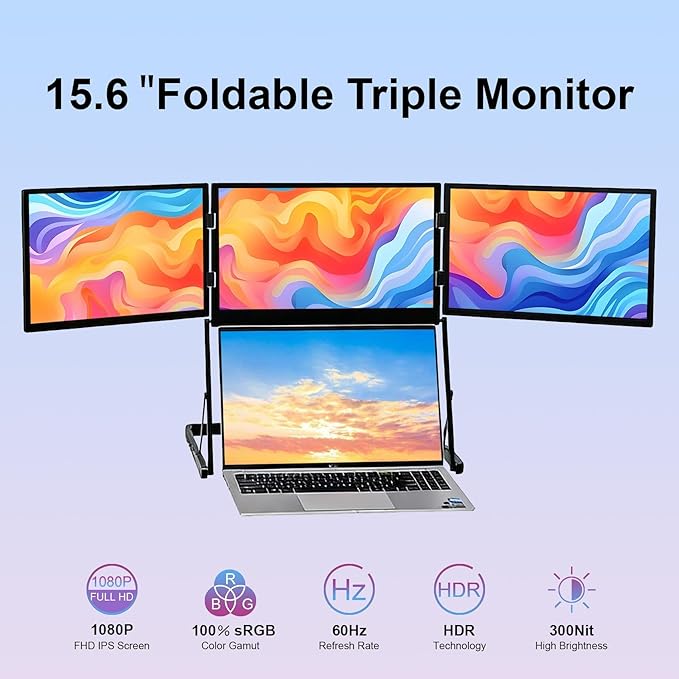 VSDISPLAY 15.6 Inch Portable Triple Monitor for Laptop 3 Screens Quad Monitor 1920x1080 IPS Laptop Screen Extender USB-C Displays Foldable