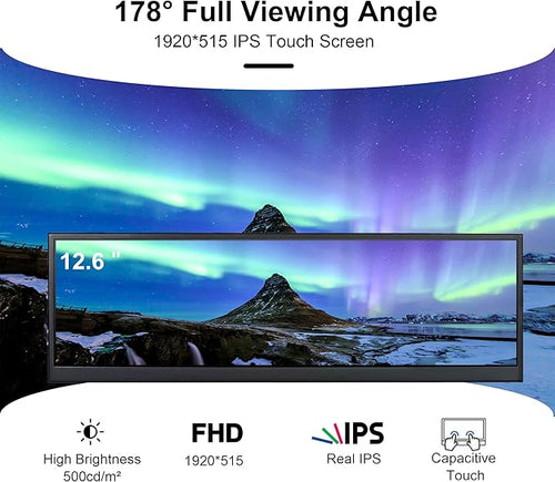 12.6 Inch Mini Touch Screen Monitor Secondary Screen FHD IPS Stretched Bar LCD Display 1920X515 HDMI for PC Laptop Computer Health Speed Windows Sub CPU GPU Temperature Display R126F01T-HB