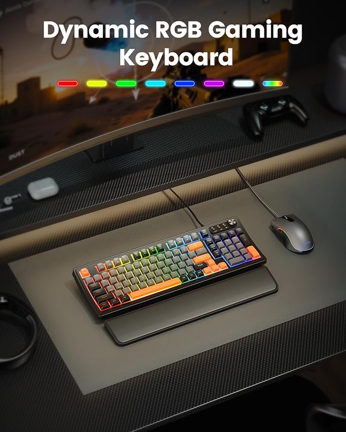 SABLUTE Gaming Keyboard and Mouse Quiet Membrane Keyboard with RGB Backlit Mechanical Feel PC Gaming Keyboards Multimedia Knob Anti-Ghosting Ergonomic Wrist Rest &amp 3200 DPI Mouse for Gamer/Off