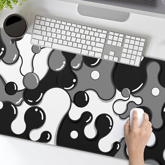aportt Black White Grey Mouse Pad XXL Anime Cool Geometric Japanese Extended Desk Mat 90X40 CM Non-Slip Rubber Base Stitched Edge Large Mousepad for Gaming Laptop Computer Desktop 35.4×15.7 Inch