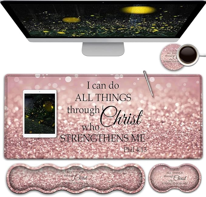 Pink Gaming Mouse PadLarge Mouse Pad with Stitched EdgeNon-Slip Base Office Desk Pad Ergonomic Keyboard Wrist Rest SetWaterproof Writing Pad Philippians 4：13 Bible Verse Extended XXL Desk Mat