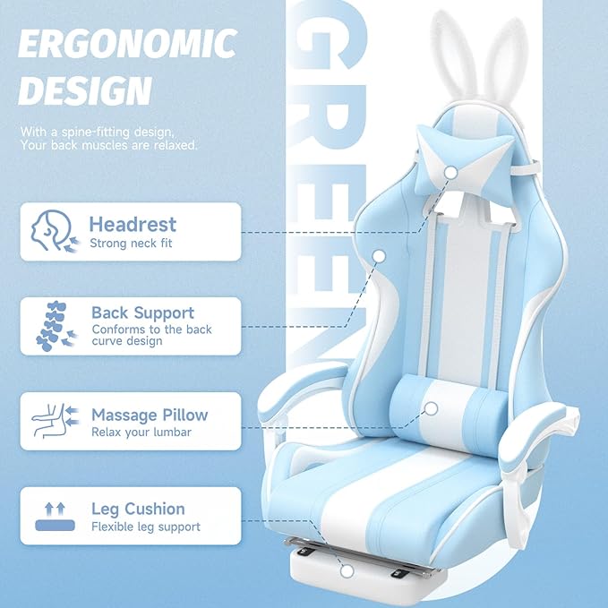 Ferghana Kawaii Bunny Ears Gaming Chair Cute Gamer Chair with Footrest and Massage Leather Ergonomic Computer Game Chairs for Girls Adults Teens Kids Light Blue
