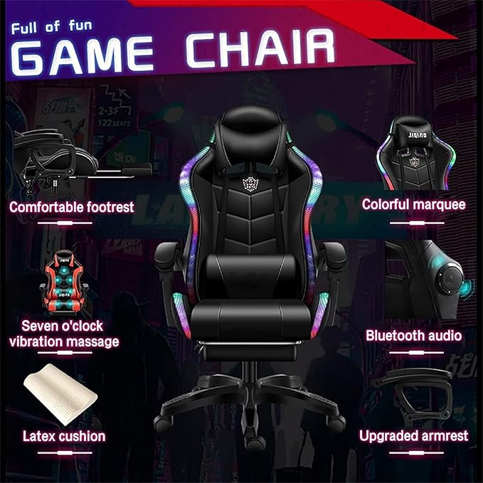Video Gaming Chairs with LED Light Ergonomic Gaming Chair with Massage Lumbar Support and Bluetooth Speakers Computer Chair with Retractible Footrest and Backrest AdjustablePink