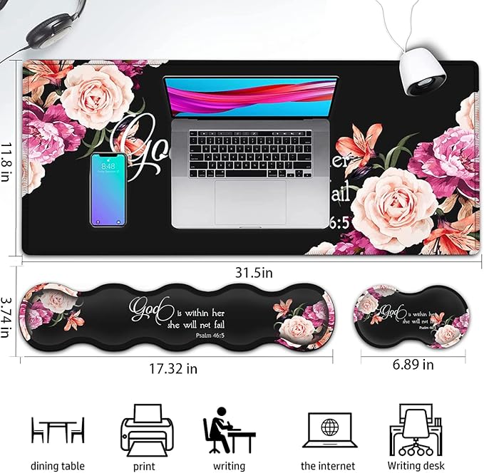 Keyboard Mouse Pad Wrist Rest Support Set Extended Gaming Mouse Pad Large XXL Mousepad + Ergonomic Memory Foam Wrist RestOffice Desk Mat Waterproof Writing Pad Peony Flower Psalm 46:5 Black