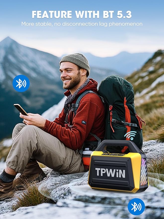 Portable Bluetooth Speakers - Wireless Jobsite Speaker 80W Peak TWS Light Shows Loud Speaker with Deep Bass BT 5.3 IPX6 Waterproof 20H Playtime for Outdoor Beach Camping Garage - Yellow