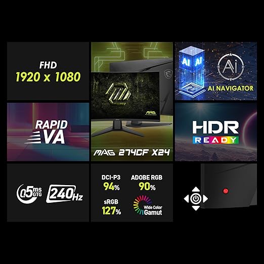 msi MAG 274CF X24 27-inch 1920 x 1080 (FHD) Gaming Monitor 240Hz AMD Adaptive-Sync HDR Ready HDMI VGA Port VESA Mountable Tilt 4-Side Slim Bezel 0.5ms Black