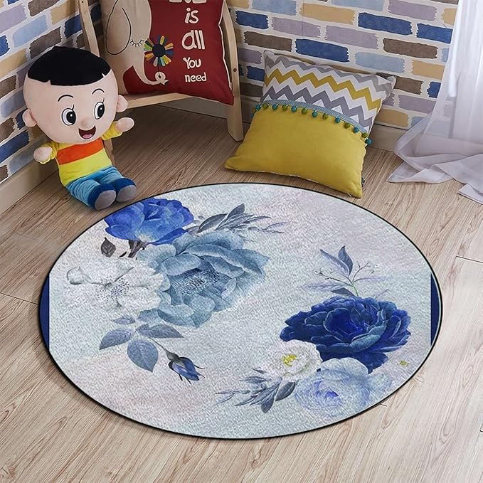 Romantic Flower Rugs Soft Non-Slip Indoor Outdoor Bedroom Home Decor Carpet Mat Yoga Mat Runner Rugs Doormat Round Rug Rustic Floral Design LavenderPale Blue Green Diameter 39.3 in