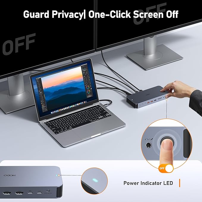 Laptop Docking Station with 120W Power Adapter18 in 1 USB C Docking Station Dual MonitorUSB C HUB with 2HDMI+DP10Gbps USB-A/C PortsEthernetSD/TF AudioScreen Off ButtonUSB C Dock for DellHP