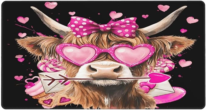 Cute Highland Cow with Bow Heart Glasses Mouse Pad Non Slip Large Desk Keyboard Mat Gaming Protection Pad 16X29.5 Inch