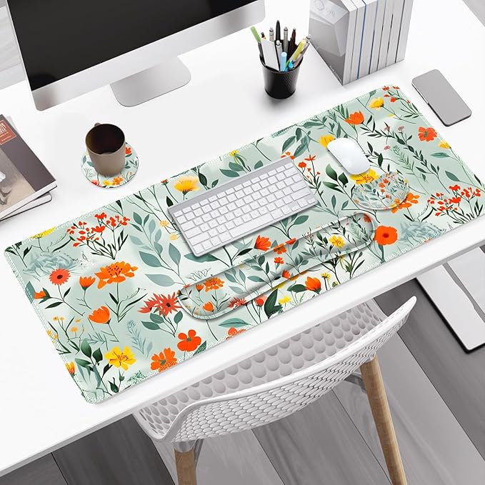 Large Gaming Mouse Pad Set 4 in 1 Ergonomics Keyboard Desk Mat Memory Foam Wrist Rest Computer PC Extended Game Mousepad Non-Slip Desk Matt Easy Typing Pain Relief I Blooming Orange Florals