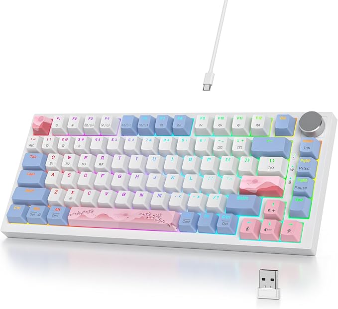 400PRO 75% Wireless Creamy Mechanical Keyboard Pink Gasket Hot Swappable RGB Gaming Keyboard Bluetooth/2.4GHz/USB-C Cute Key Board with Pre-lubed Cream Grey Switches (82 Pink White)