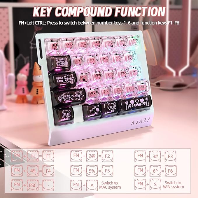 A.JAZZ AK029 Wired 29 Keys One-Handed RGB Gaming Keyboard with 8000HZ0.01mm RT Magnetic Switches Adjustable ActuationHotswappable Mechanical KeyboardAluminum PlateWeb Driver for Gamers-Black Pink