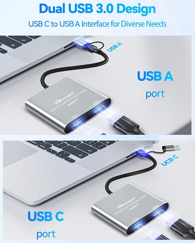 USB to Dual HDMI Adapter Type C to HDMI Splitter 1080@60Hz for 2 Monitors USB 3.0 to 2 HD Display Support Mac / Windows / Dual HD Extender - External Video &amp Graphics Card Adapter