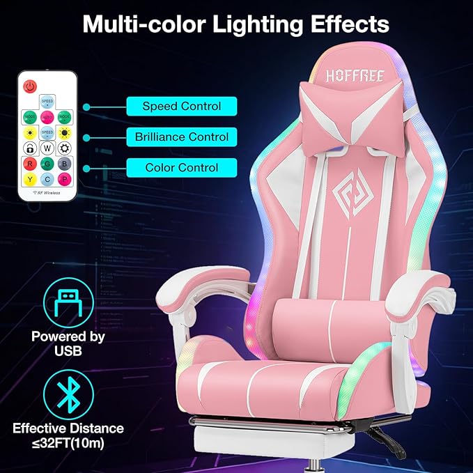 HOFFREE Gaming Chair with LED RGB Lights with Massage and Footrest Ergonomic Computer Chair High Back Video Game Chair with Adjustable Lumbar Support Linkage Armrest Pink and White