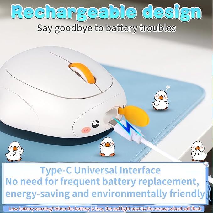 Cute Duck Bluetooth Wireless Mouse -RechargeableDual Mode Connection Silent Scroll Wheel 1600 DPI - Perfect for Laptops PCs and Tablets (White)