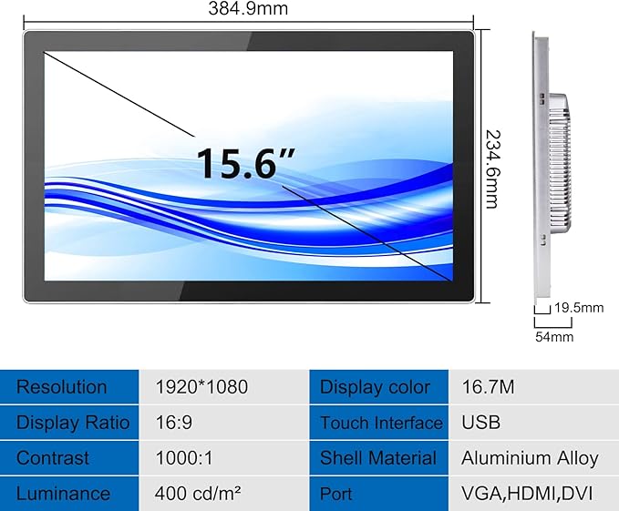 GreenTouch 15.6 Inch High Resolution Embedded Touch Screen Industrial Monitor Front IP65 Panel Rugged Metal Case Display - 1920x1080