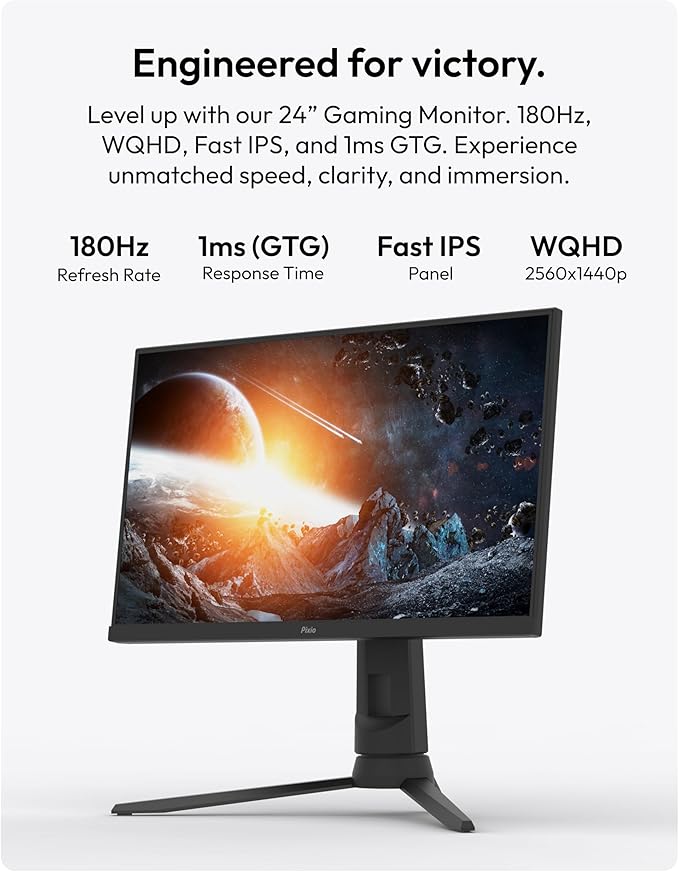 Pixio PX24Q Pro 24 inch 180Hz Refresh Rate QHD 1440p Fast IPS 1ms GTG Response Time Gamnig Monitor with PS1S Wave Black Single Monitor Arm