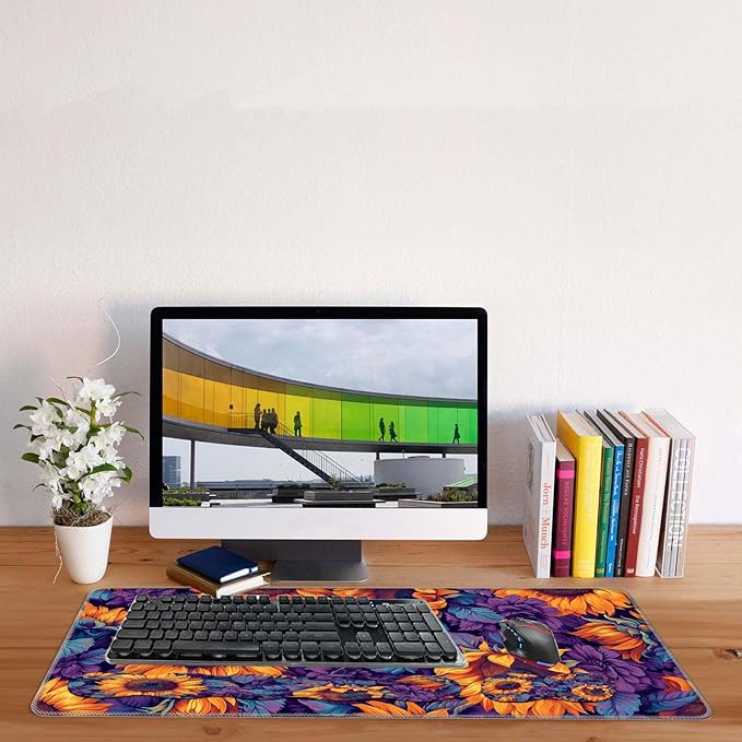 Keyboard Mouse Pad SetLarge Desk Pad+Keyboard Wrist Rest+Mouse Pad Wrist Support+CoasterEasy Typing Pain Relief Non-Slip Mousepad Wrist Support Mousepad Set Home OfficeSunflower