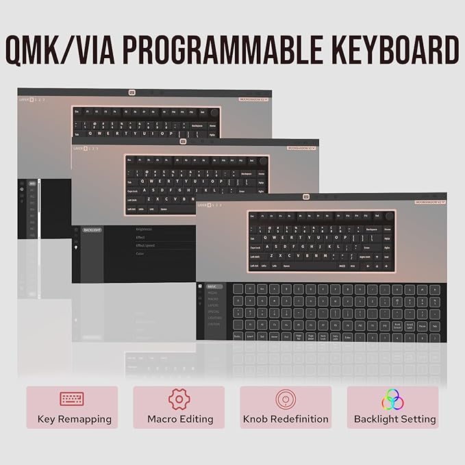 KiiBoom Moonshadow V2 75% Wireless Aluminum Gaming Keyboard QMK&ampVIA Programmable BT5.0/2.4GHz/USB-C Hot-Swappable Creamy Mechanical Keyboard with FR4 Plate Knob 4000mAh Battery (Pink)