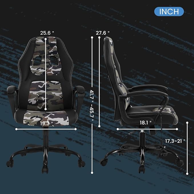 High-Back Racing Gaming Chair with Massage Lumbar Support - Ergonomic Adjustable Swivel - Black PU Leather - Perfect for Home Office or Gaming (Camo)