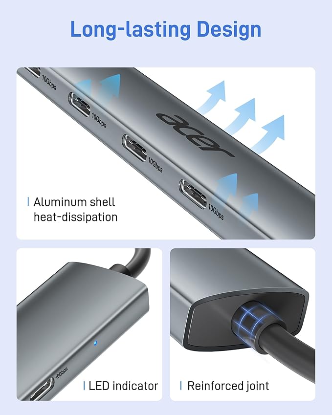 Acer USB C Hub 10Gbps Type C Splitter with 4 USBC 3.2 Port High Speed Type C Multiport Adapter for iPad MacBook Pro iPhone 16/15 Surface Pro and More【Not Support Monitor or Charging】