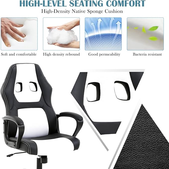 Gaming Chair Office Chairs Ergonomic Design Comfortable Office Chair PU Leather with Mesh Back Gaming Chairs with 360-Degree Swivel Gaming Chairs for Adults PC Chair Max 250LBS White